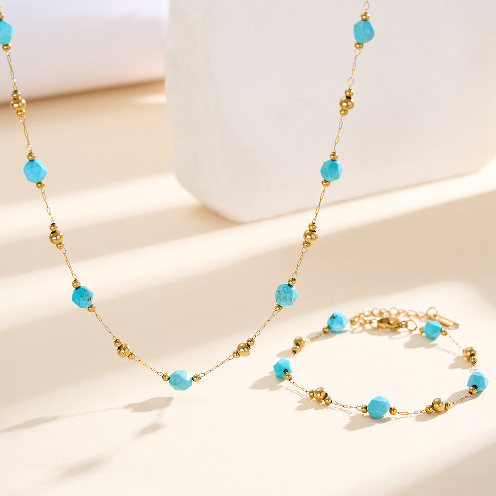 Dainty Faceted Turquoise & Mini Gold Bead Station Chain Necklace