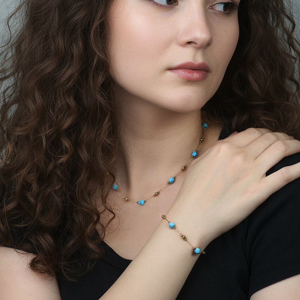Dainty Faceted Turquoise & Mini Gold Bead Station Chain Necklace
