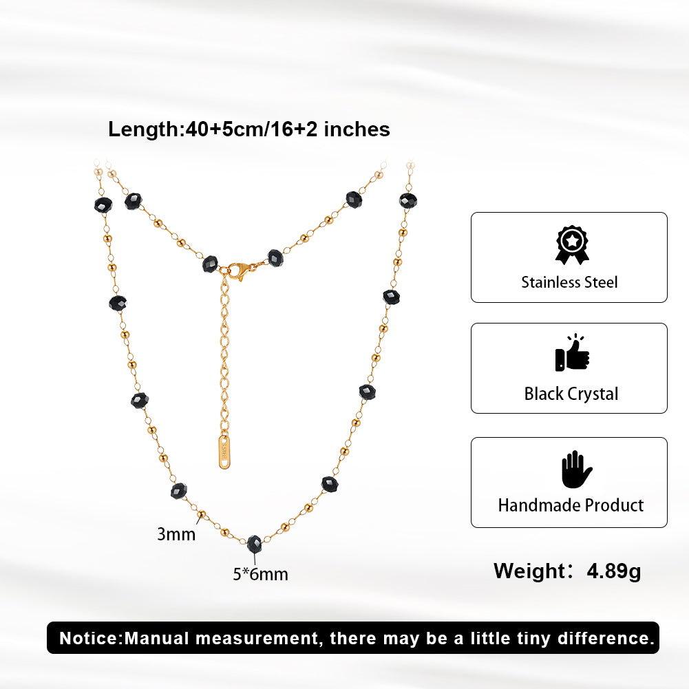 Dainty Faceted Black Crystal & Mini Gold Bead Station Chain Necklace