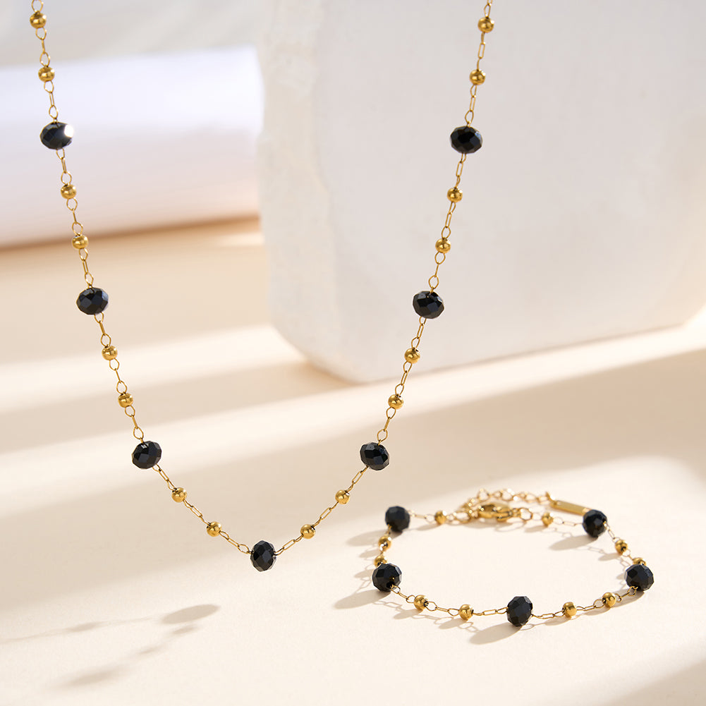 Dainty Faceted Black Crystal & Mini Gold Bead Station Chain Necklace