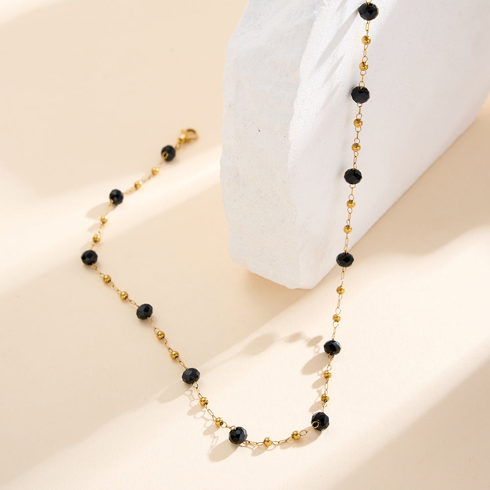 Dainty Faceted Black Crystal & Mini Gold Bead Station Chain Necklace