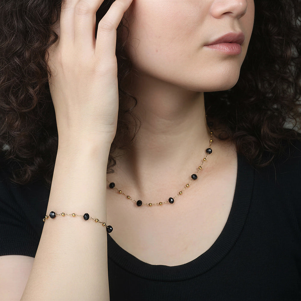 Dainty Faceted Black Crystal & Mini Gold Bead Station Chain Necklace