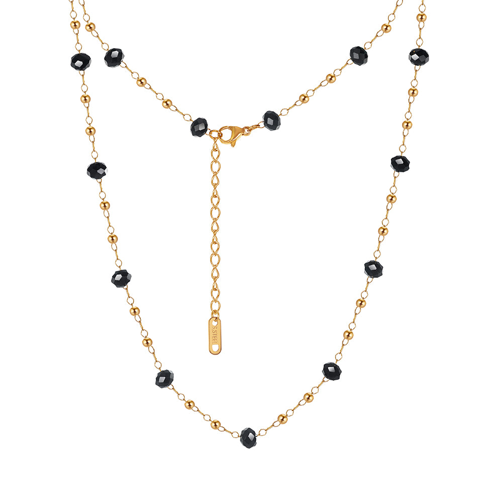 Dainty Faceted Black Crystal & Mini Gold Bead Station Chain Necklace