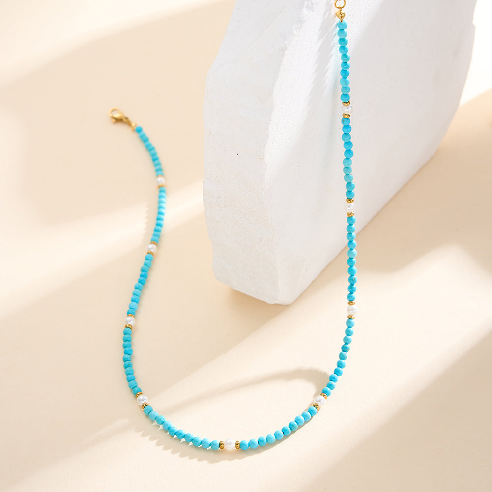 Dainty Faceted Turquoise & Shell Pearl Mixed Station Chain Necklace