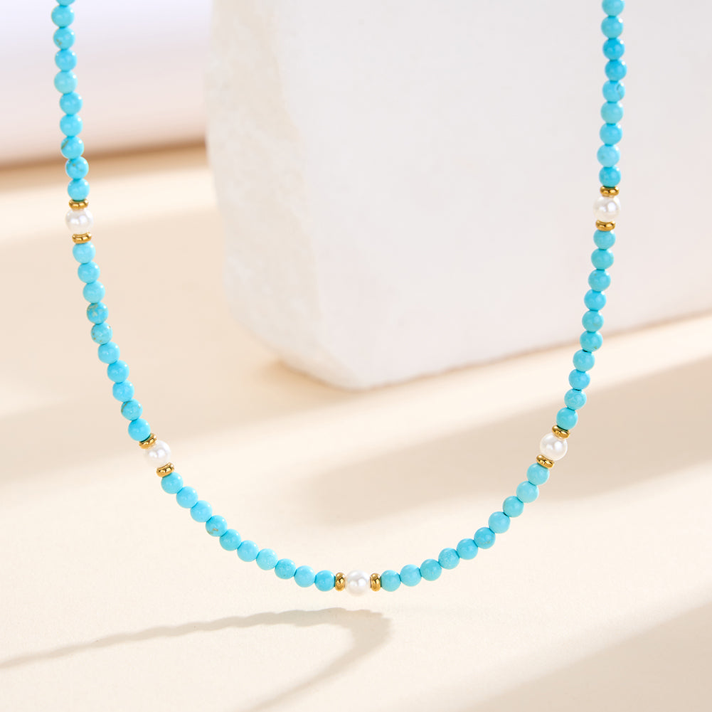 Dainty Faceted Turquoise & Shell Pearl Mixed Station Chain Necklace