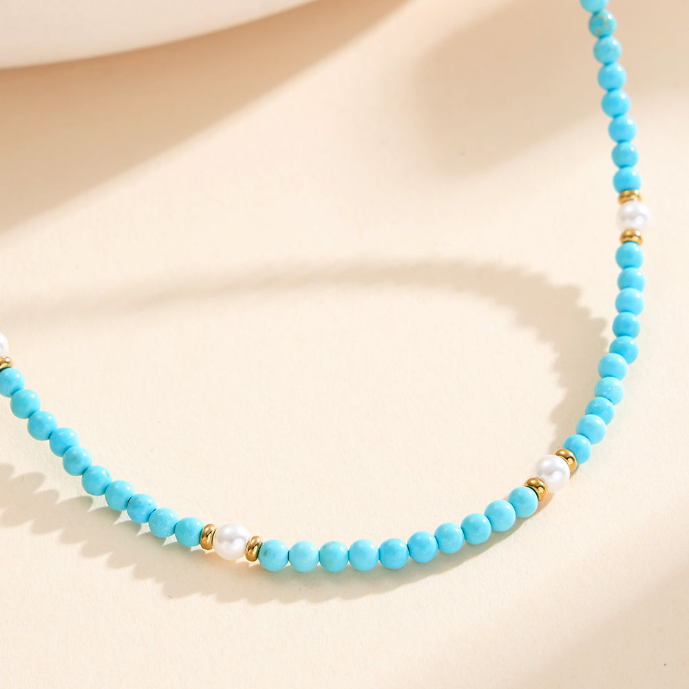 Dainty Faceted Turquoise & Shell Pearl Mixed Station Chain Necklace