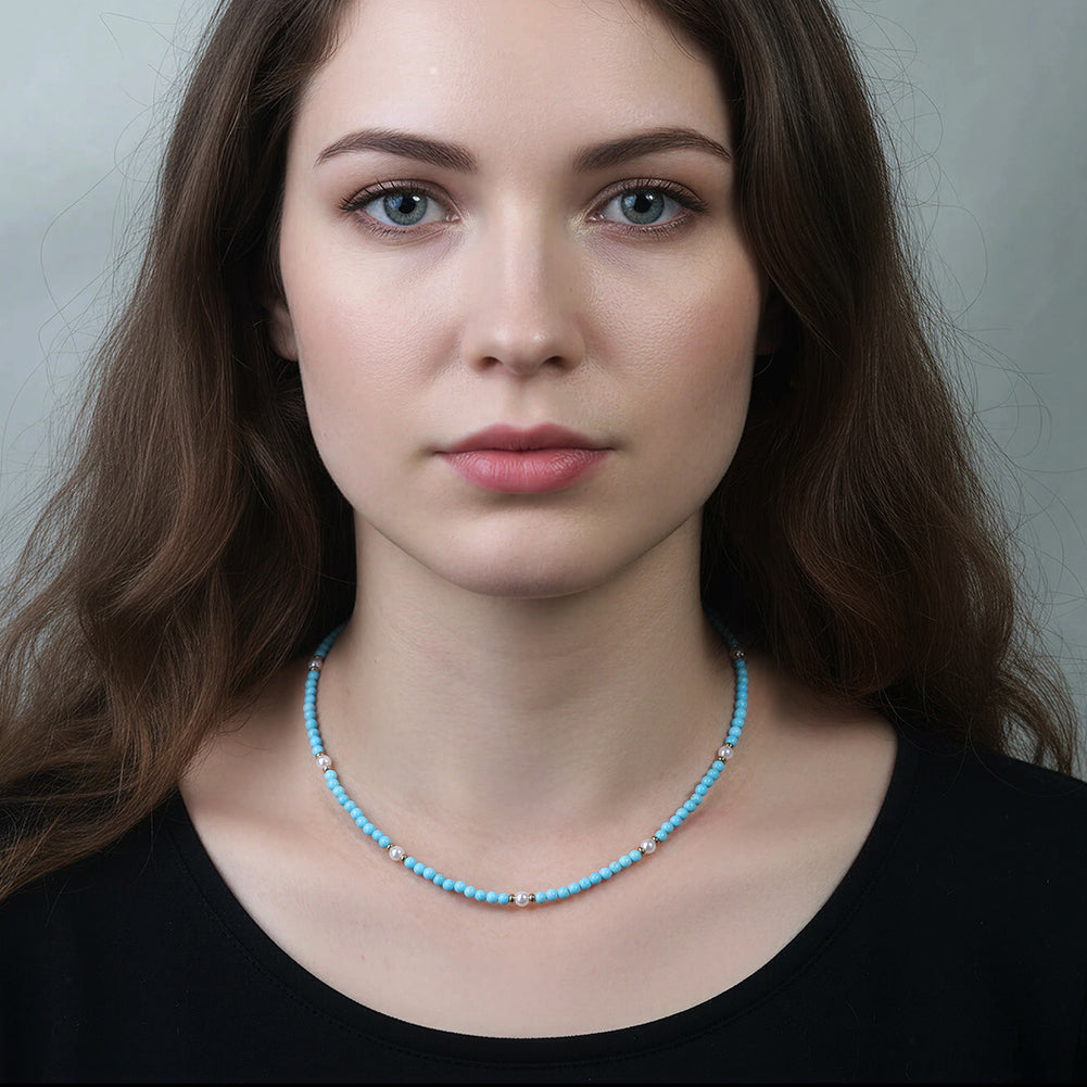 Dainty Faceted Turquoise & Shell Pearl Mixed Station Chain Necklace
