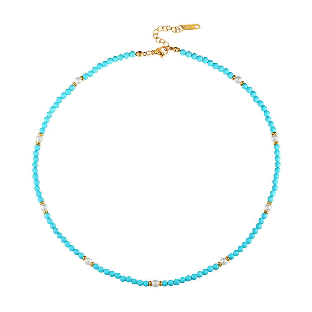 Dainty Faceted Turquoise & Shell Pearl Mixed Station Chain Necklace
