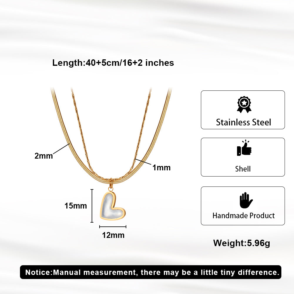 Chic Double-Layer Herringbone & Cable Chain Heart Shell Necklace