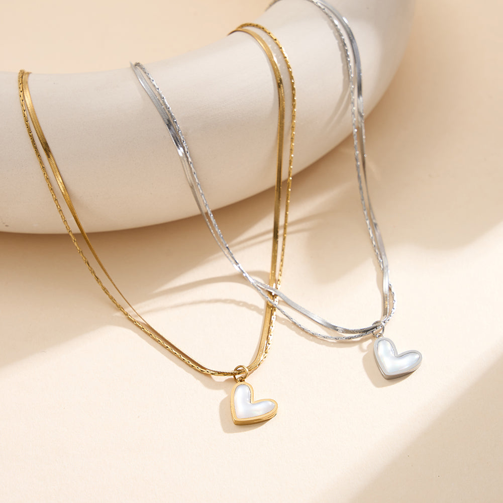 Chic Double-Layer Herringbone & Cable Chain Heart Shell Necklace