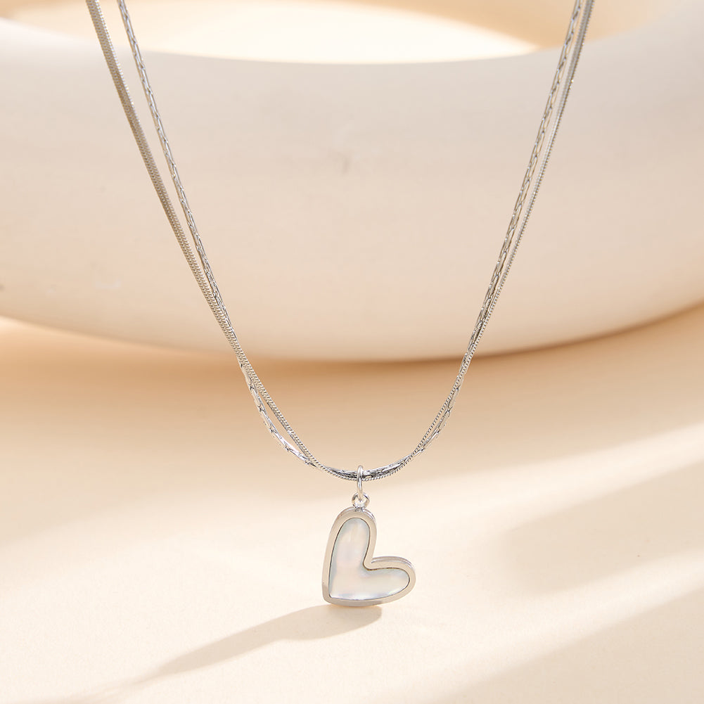 Chic Double-Layer Herringbone & Cable Chain Heart Shell Necklace
