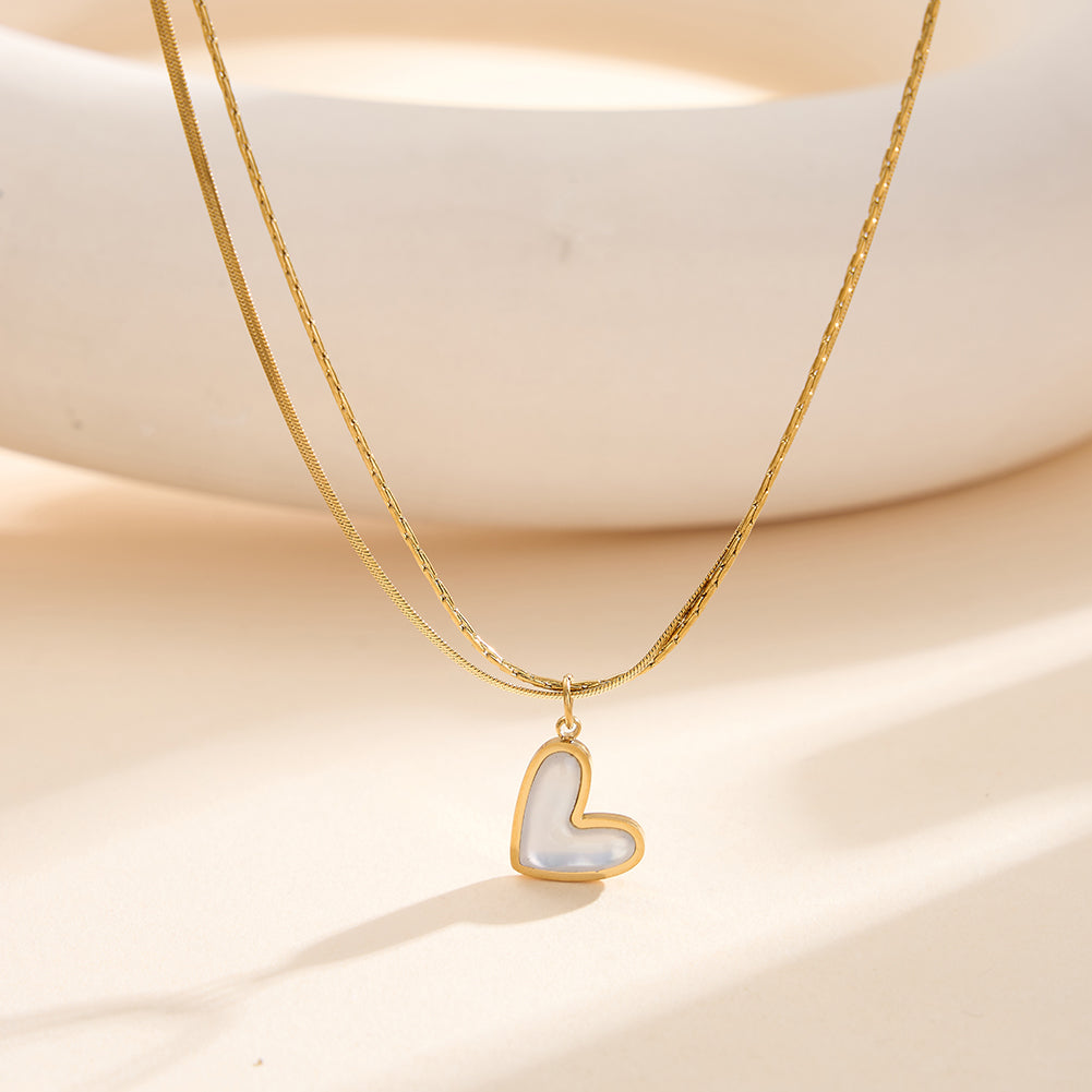 Chic Double-Layer Herringbone & Cable Chain Heart Shell Necklace