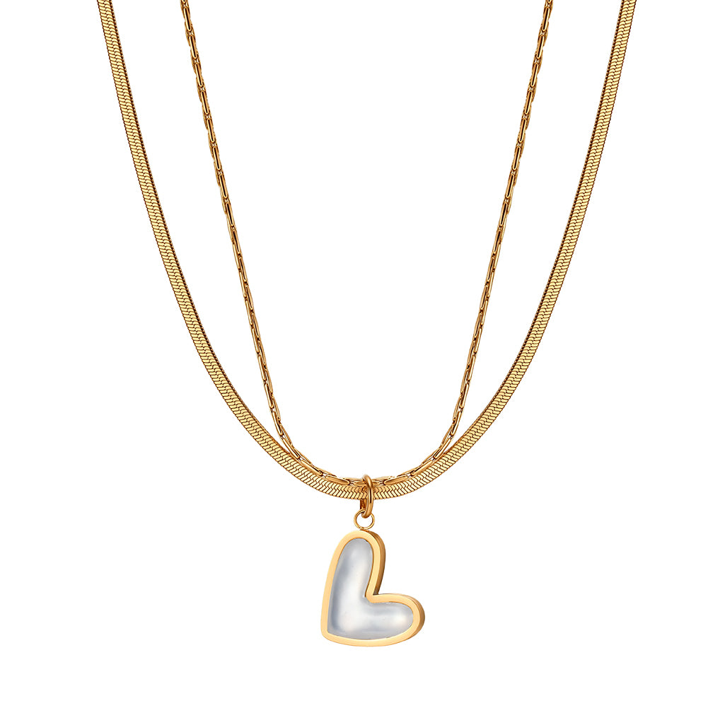 Chic Double-Layer Herringbone & Cable Chain Heart Shell Necklace