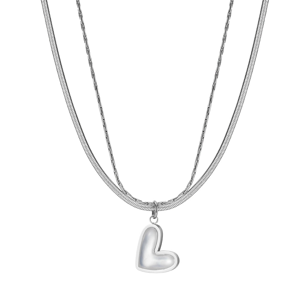 Chic Double-Layer Herringbone & Cable Chain Heart Shell Necklace