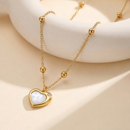 Aura Amour gold three-dimensional heart pendant necklace with inlaid natural white shell mother of pearl single round cubic zirconia crystal accent and 3mm bead chain in waterproof 304 stainless steel by LeeWey Luxury