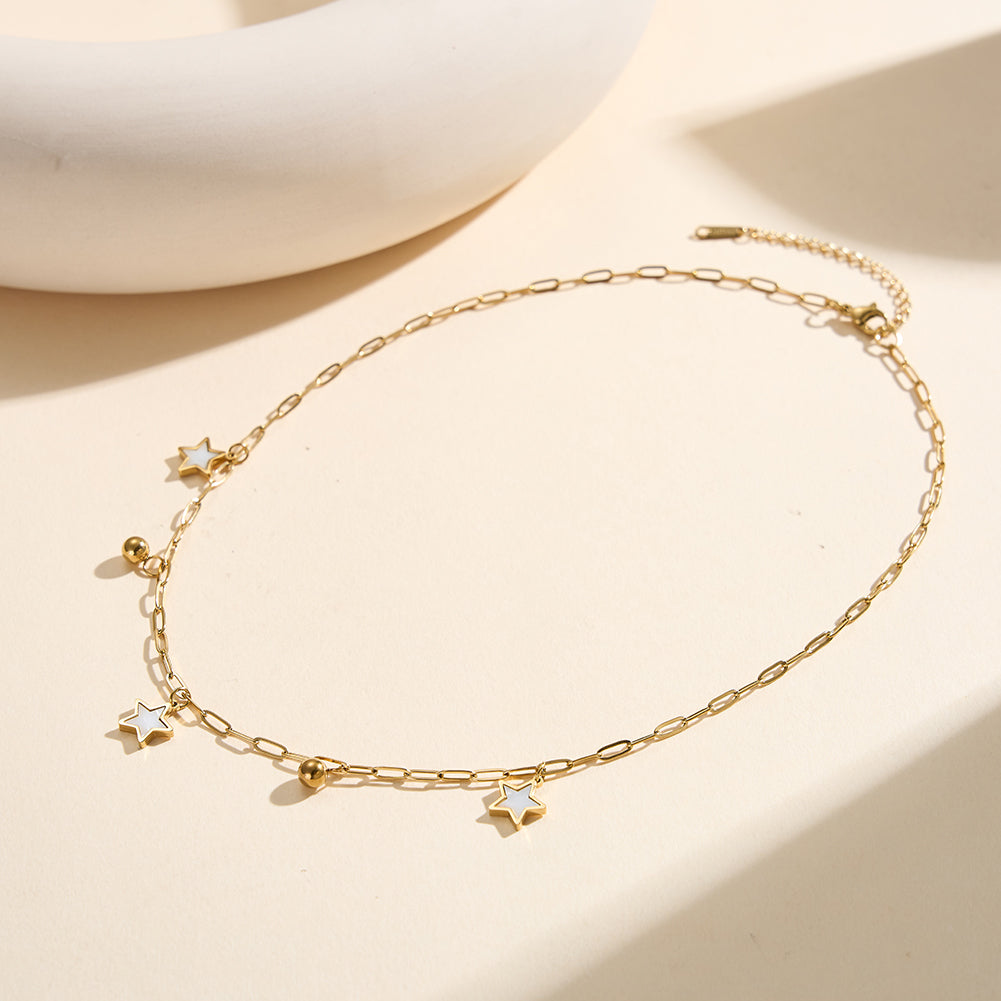 Aura Celestial gold lucky star paperclip charm necklace with natural white shell mother of pearl and polished metallic bead accents in waterproof 304 stainless steel by LeeWey Luxury