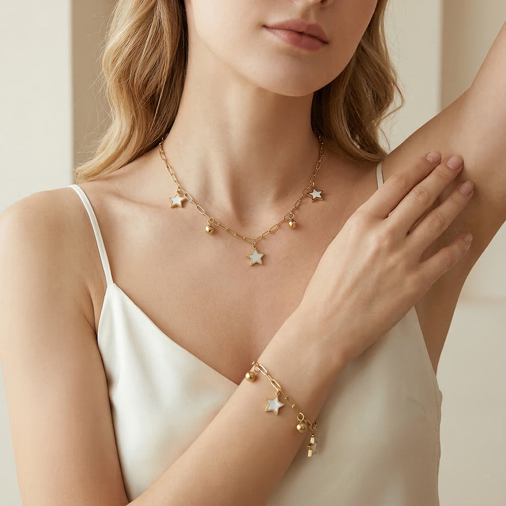 Aura Celestial // Mother of Pearl Star & Bead Shimmer Paperclip Necklace