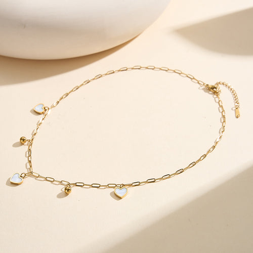 Aura Amour gold lucky heart paperclip charm necklace with natural white shell mother of pearl and polished metallic bead accents in waterproof 304 stainless steel by LeeWey Luxury