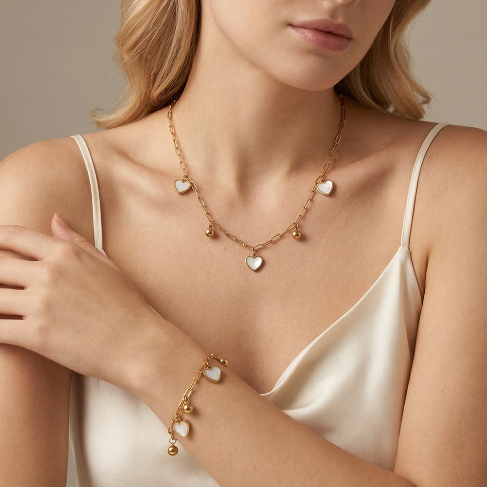 Aura Amour // Mother of Pearl Heart & Bead Shimmer Paperclip Necklace