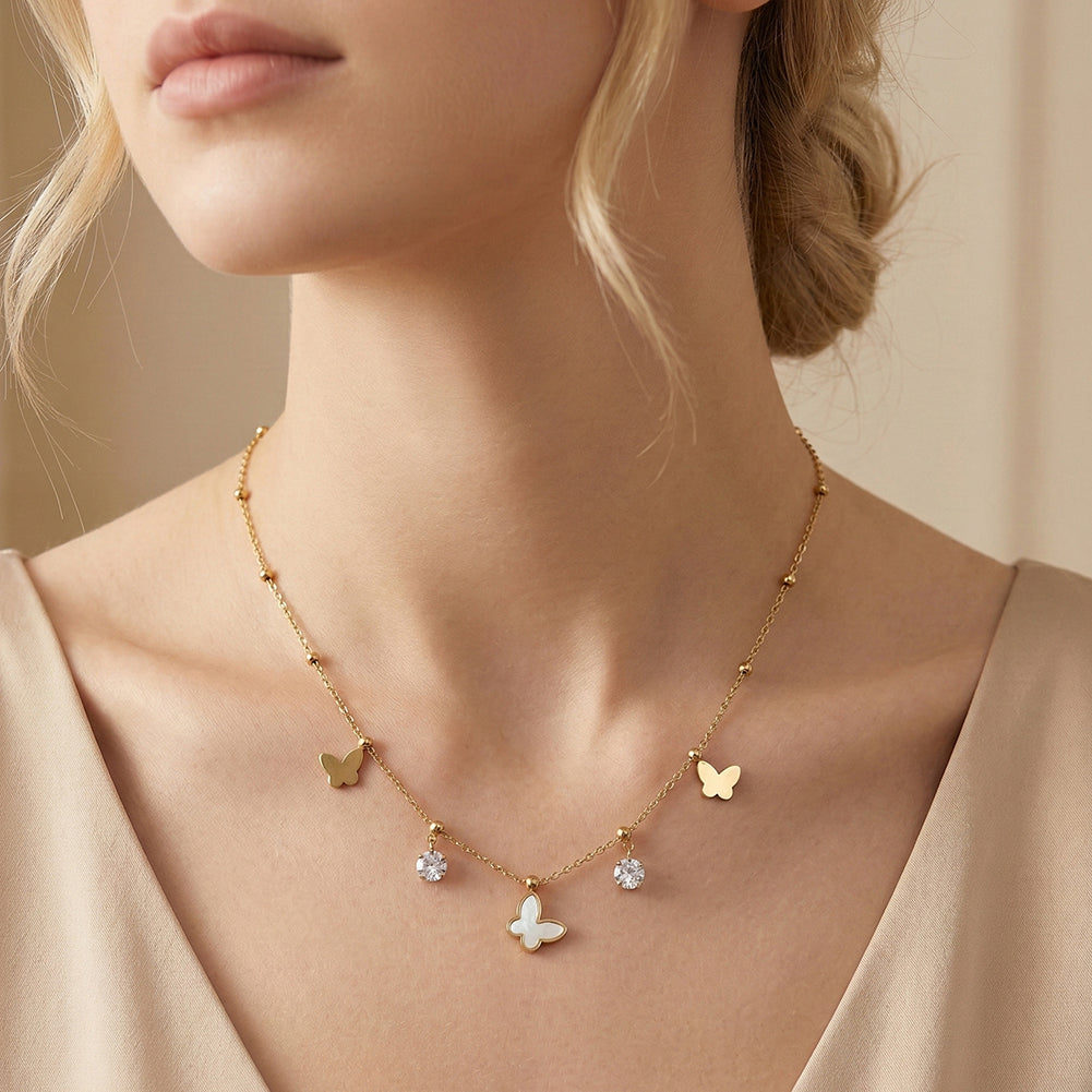 Aura Celestial // Multi-Charm Mother of Pearl & CZ Butterfly Necklace