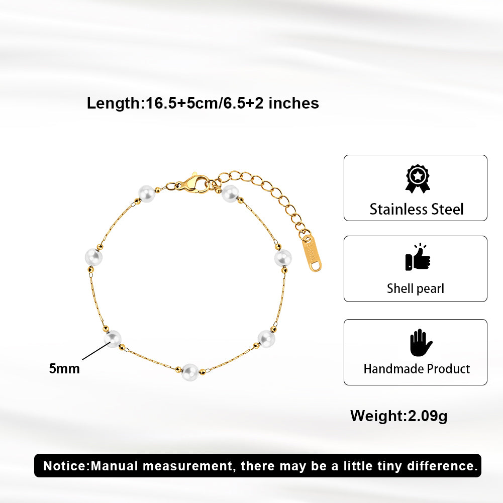 Dainty 5mm Shell Pearl Station Chain Bracelet in 14K Gold