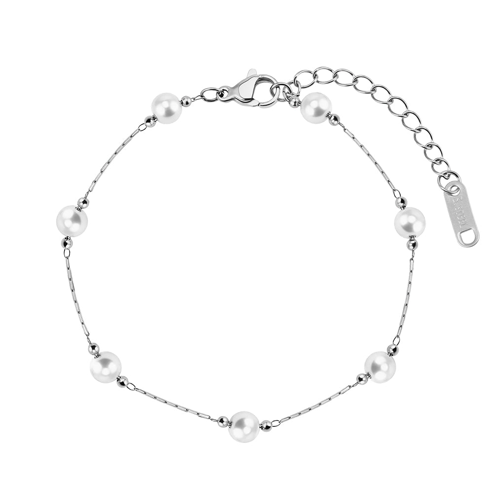 Dainty 5mm Shell Pearl Station Chain Bracelet in 14K Gold
