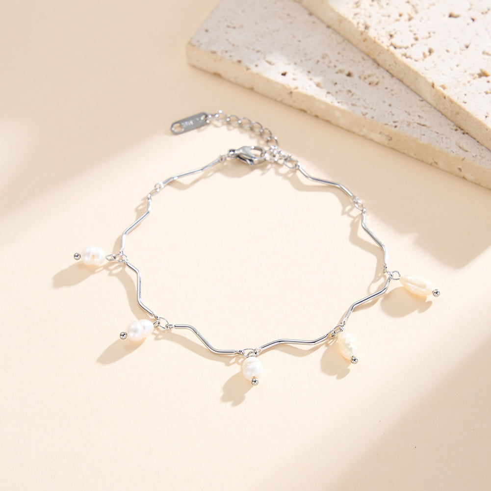 Elegant Wavy Bar & Natural Freshwater Pearl Drop Bracelet