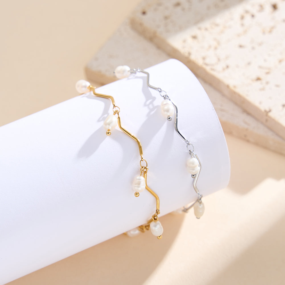 Elegant Wavy Bar & Natural Freshwater Pearl Drop Bracelet
