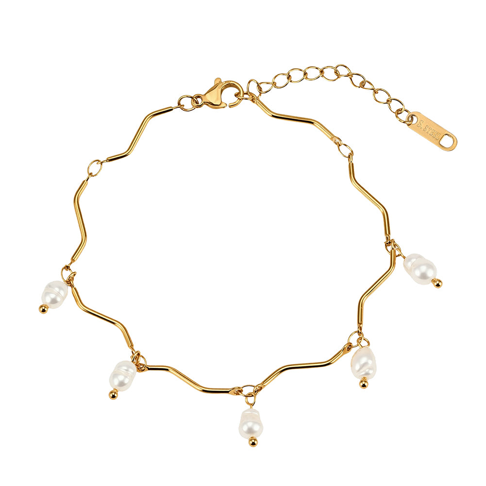 Elegant Wavy Bar & Natural Freshwater Pearl Drop Bracelet