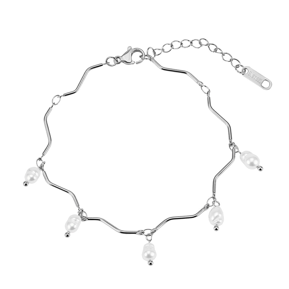 Elegant Wavy Bar & Natural Freshwater Pearl Drop Bracelet