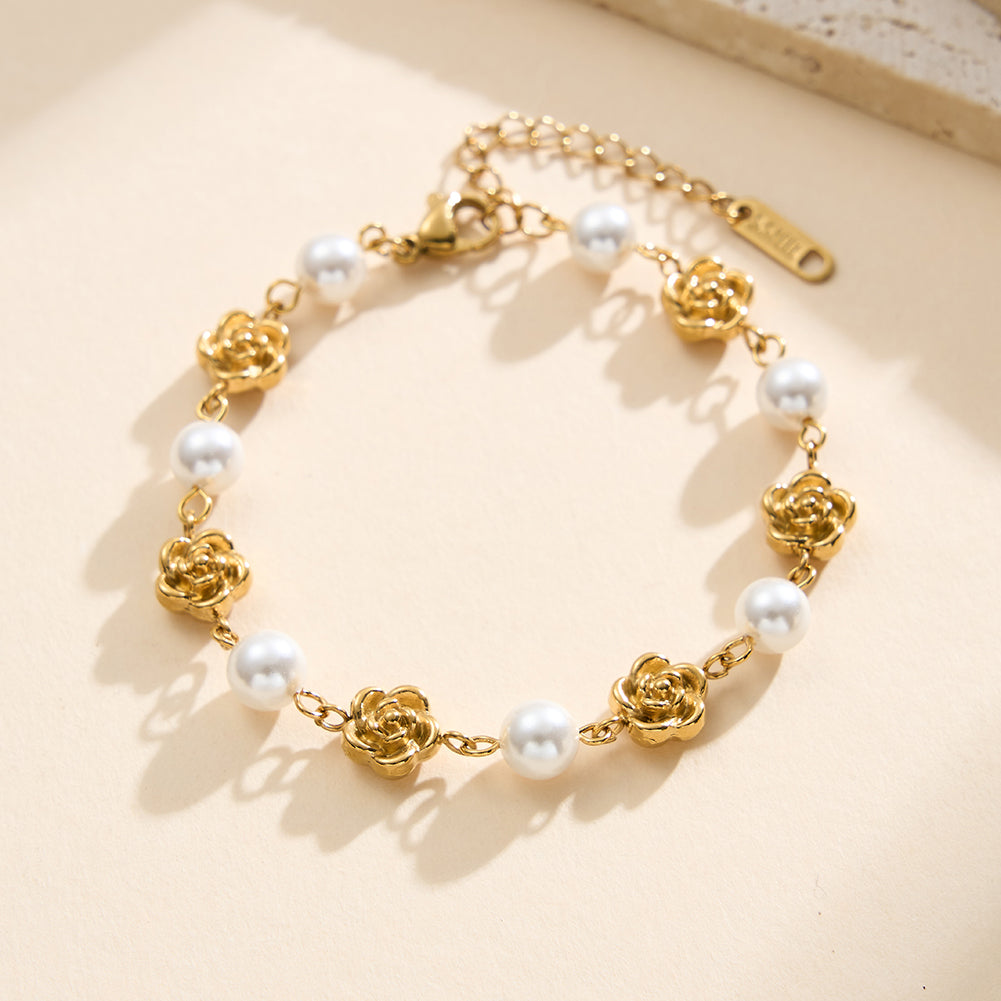 Romantic French Rose & Lustrous Shell Pearl Station Bracelet