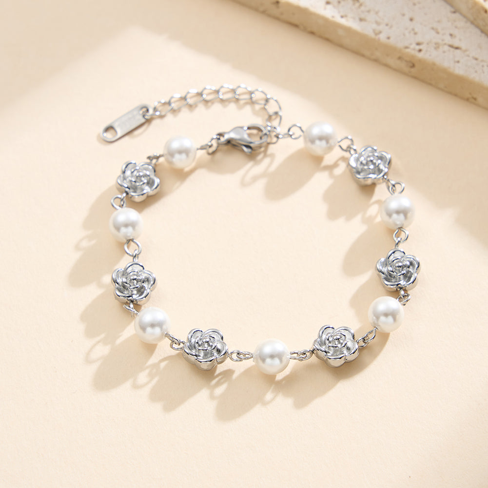 Romantic French Rose & Lustrous Shell Pearl Station Bracelet