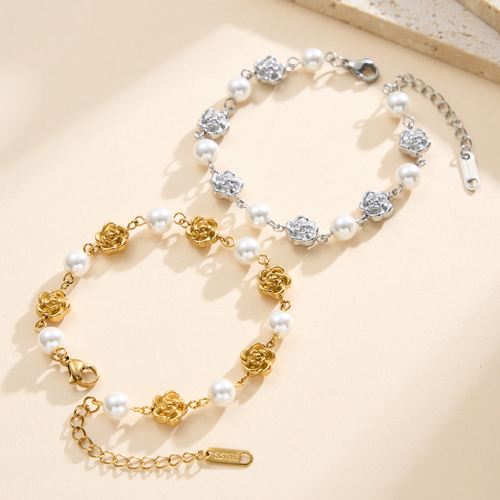 Romantic French Rose & Lustrous Shell Pearl Station Bracelet