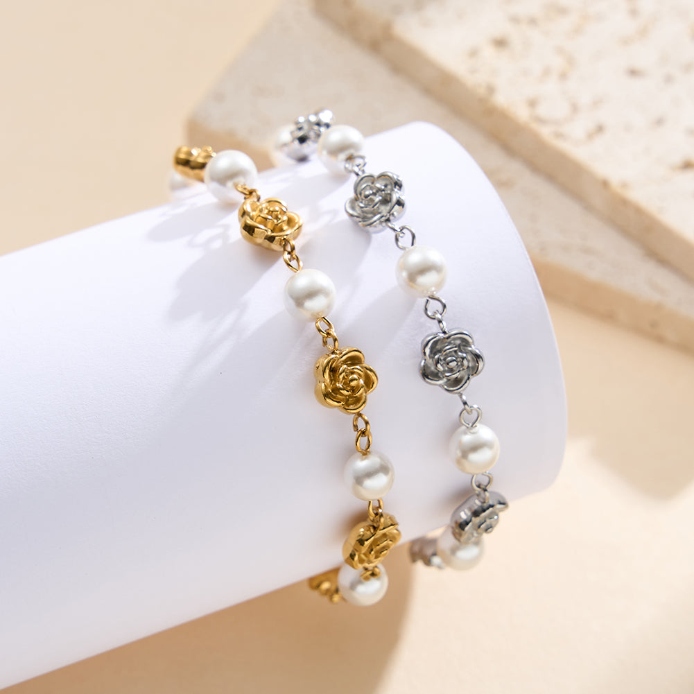 Romantic French Rose & Lustrous Shell Pearl Station Bracelet
