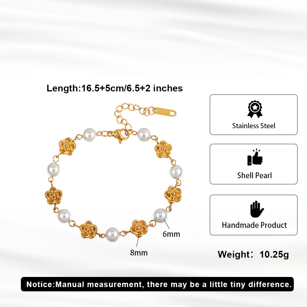 Romantic French Rose & Lustrous Shell Pearl Station Bracelet