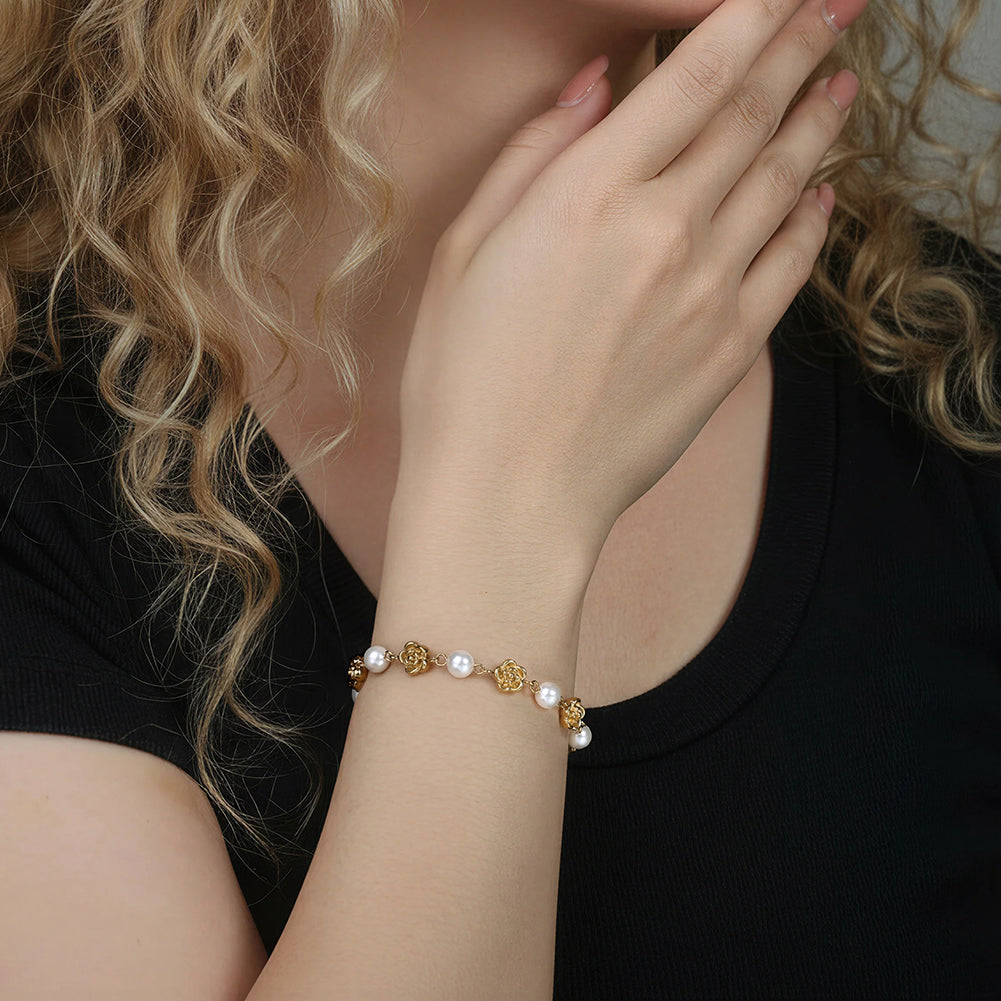 Romantic French Rose & Lustrous Shell Pearl Station Bracelet