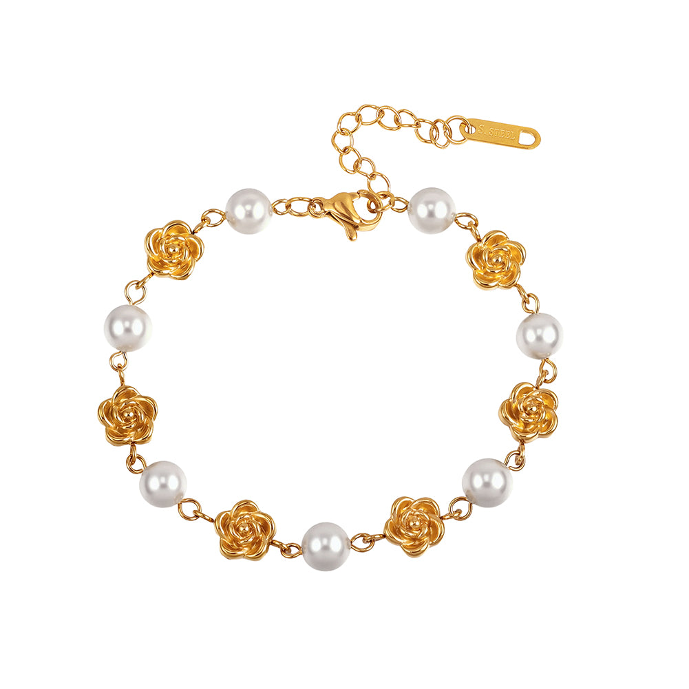 Romantic French Rose & Lustrous Shell Pearl Station Bracelet