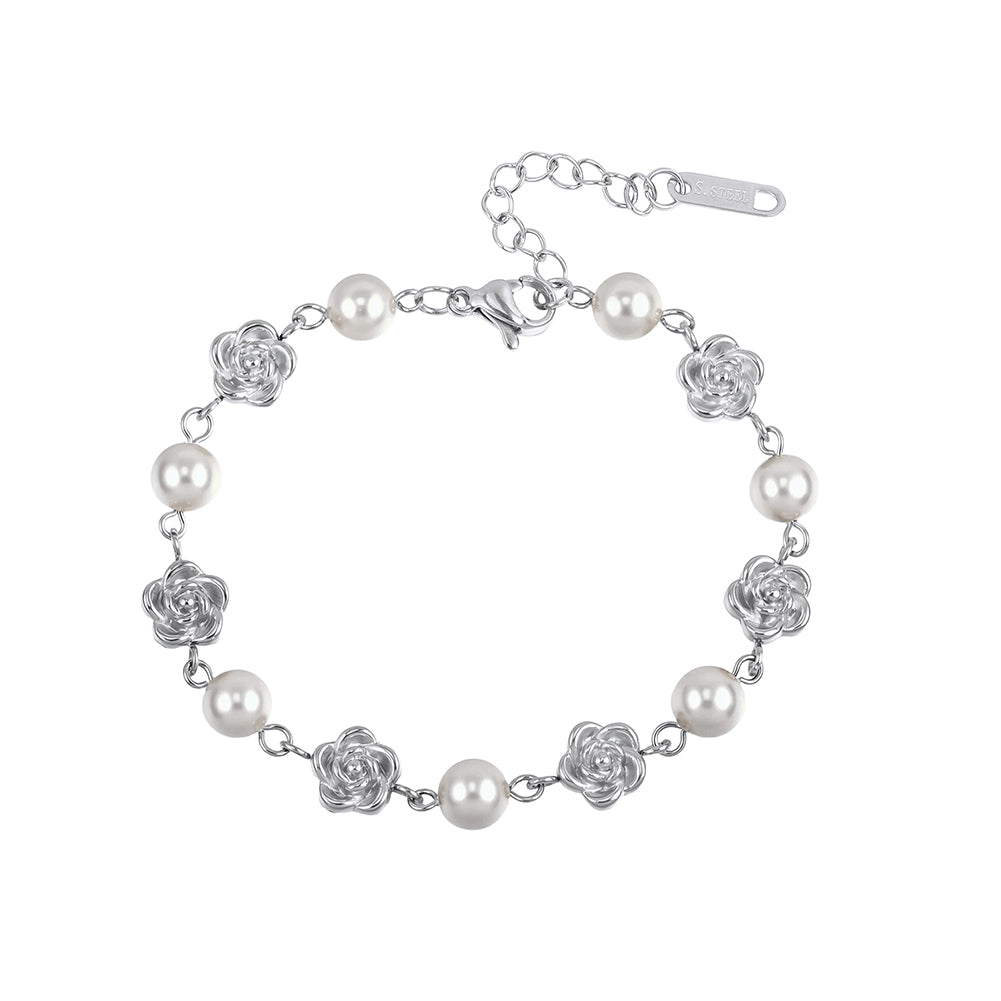 Romantic French Rose & Lustrous Shell Pearl Station Bracelet