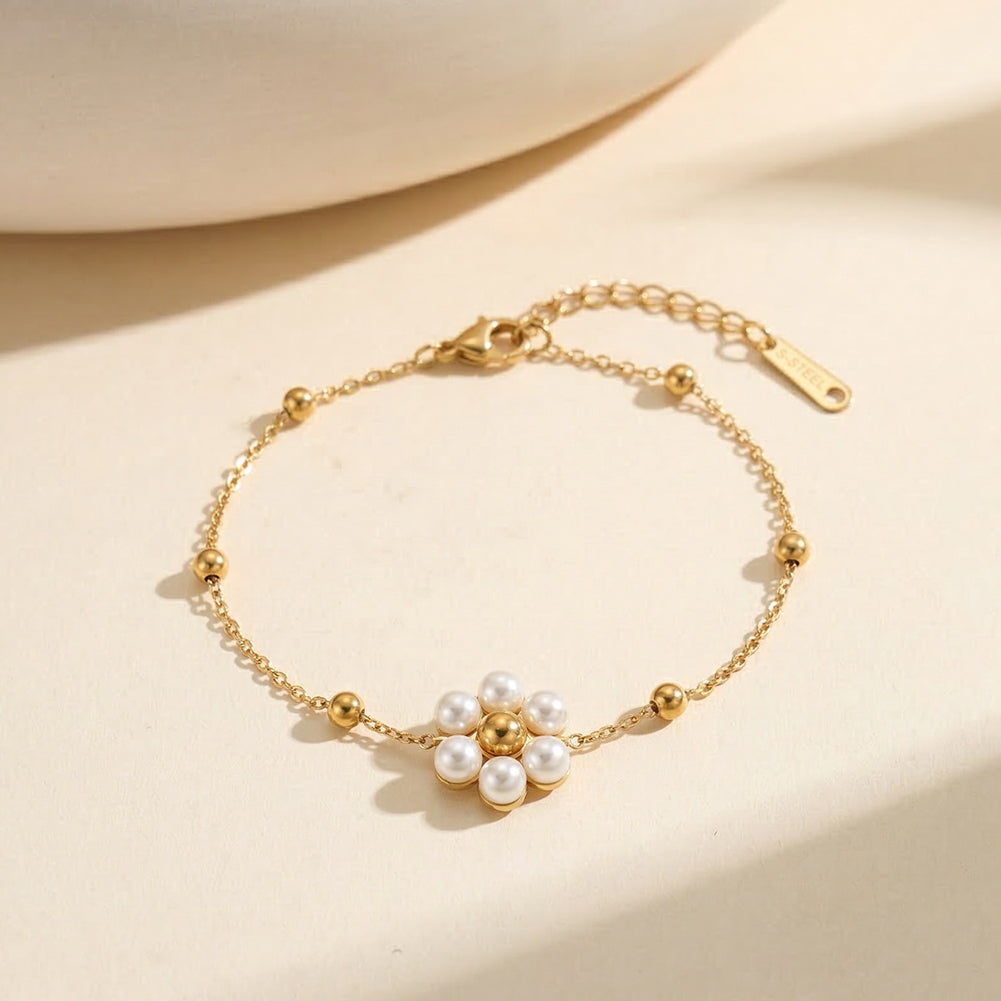 Aura Blossom gold mini pearl daisy flower blossom charm bracelet with polished metallic bead accent chain in waterproof 304 stainless steel by LeeWey Luxury