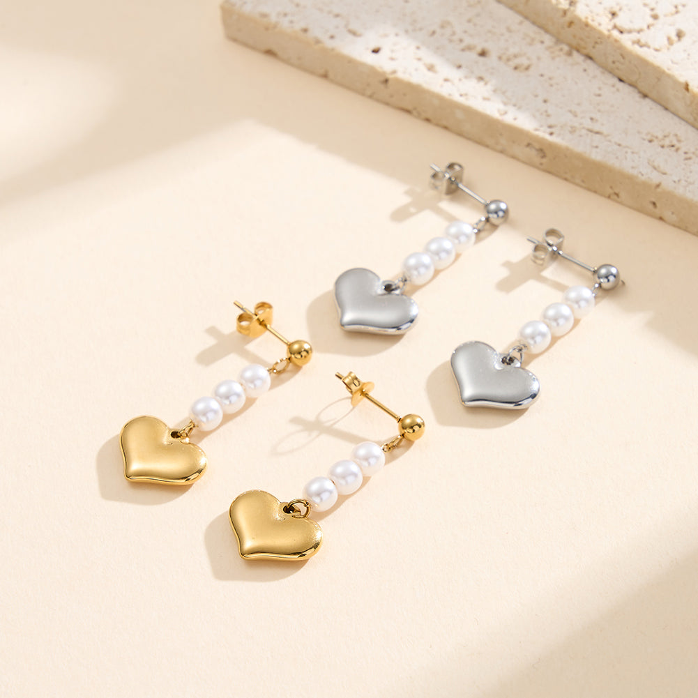 Elegant Cascading Shell Pearl & 3D Puffy Heart Drop Earrings