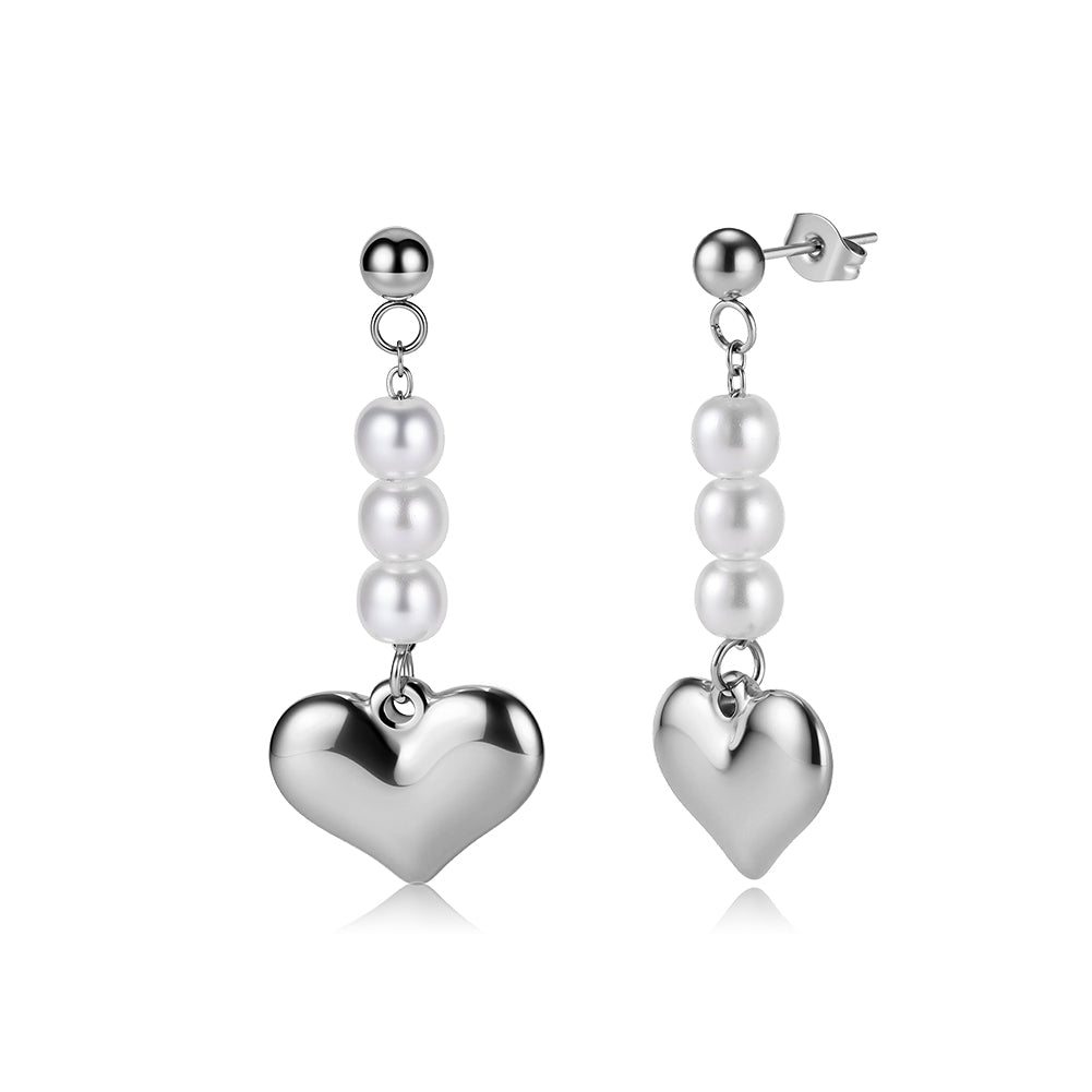 Elegant Cascading Shell Pearl & 3D Puffy Heart Drop Earrings