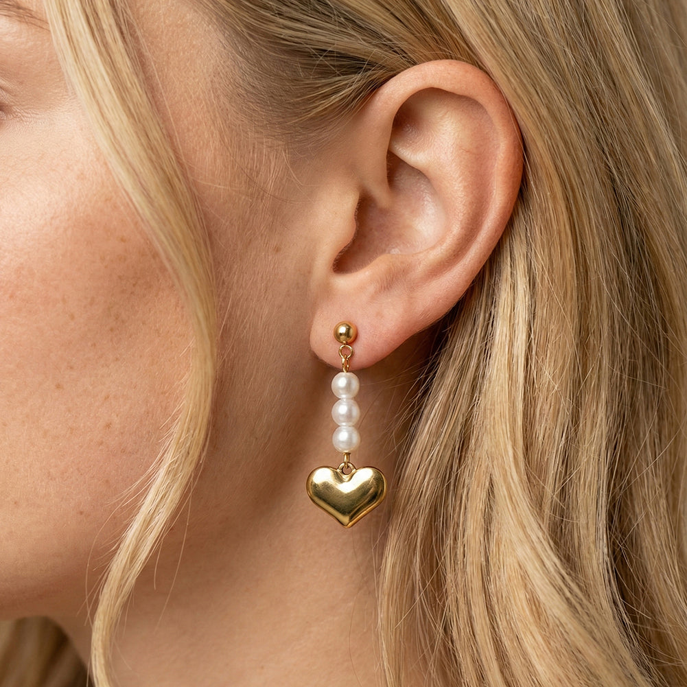 Elegant Cascading Shell Pearl & 3D Puffy Heart Drop Earrings
