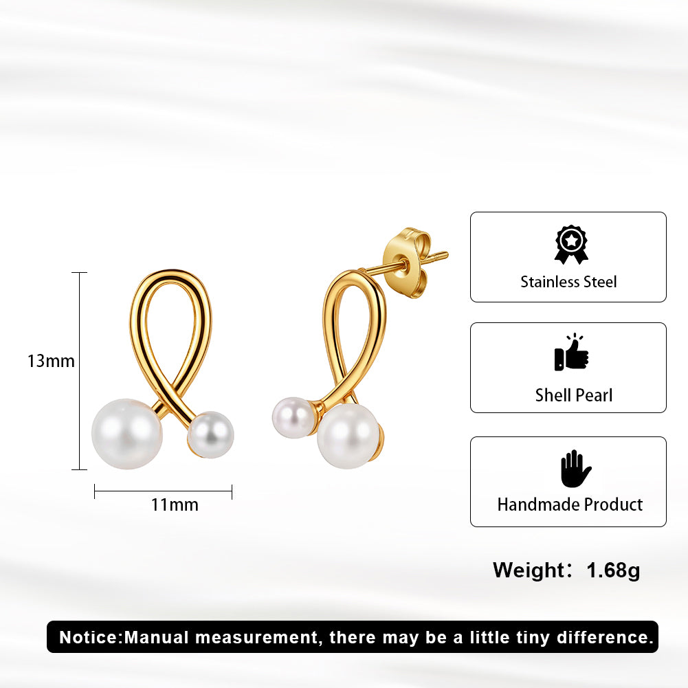 Modernist Interlocking Ribbon & Dual Shell Pearl Stud Earrings
