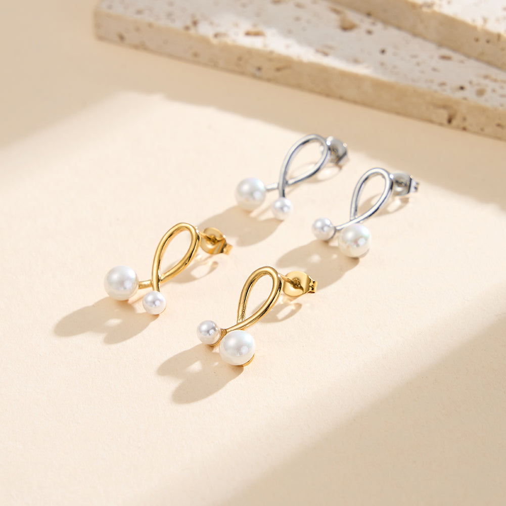 Modernist Interlocking Ribbon & Dual Shell Pearl Stud Earrings