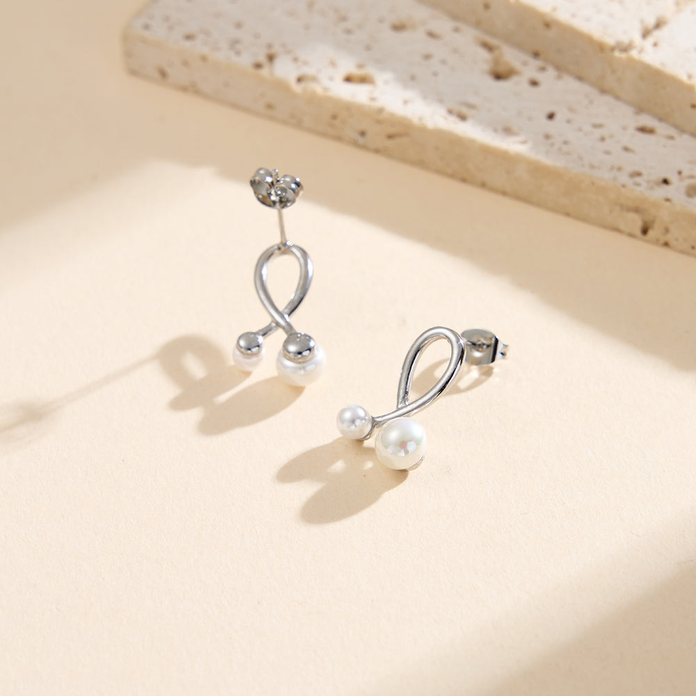 Modernist Interlocking Ribbon & Dual Shell Pearl Stud Earrings