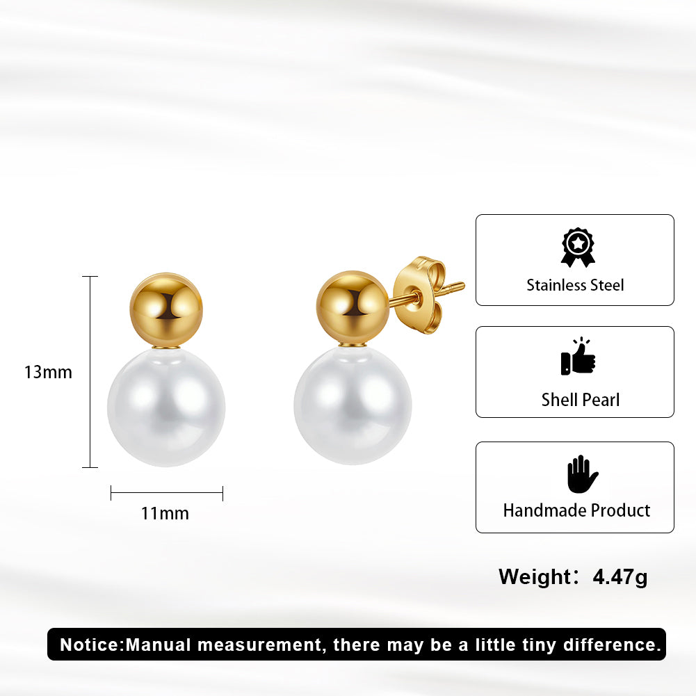 Minimalist Dual-Sphere Gold Ball & Shell Pearl Stud Earrings