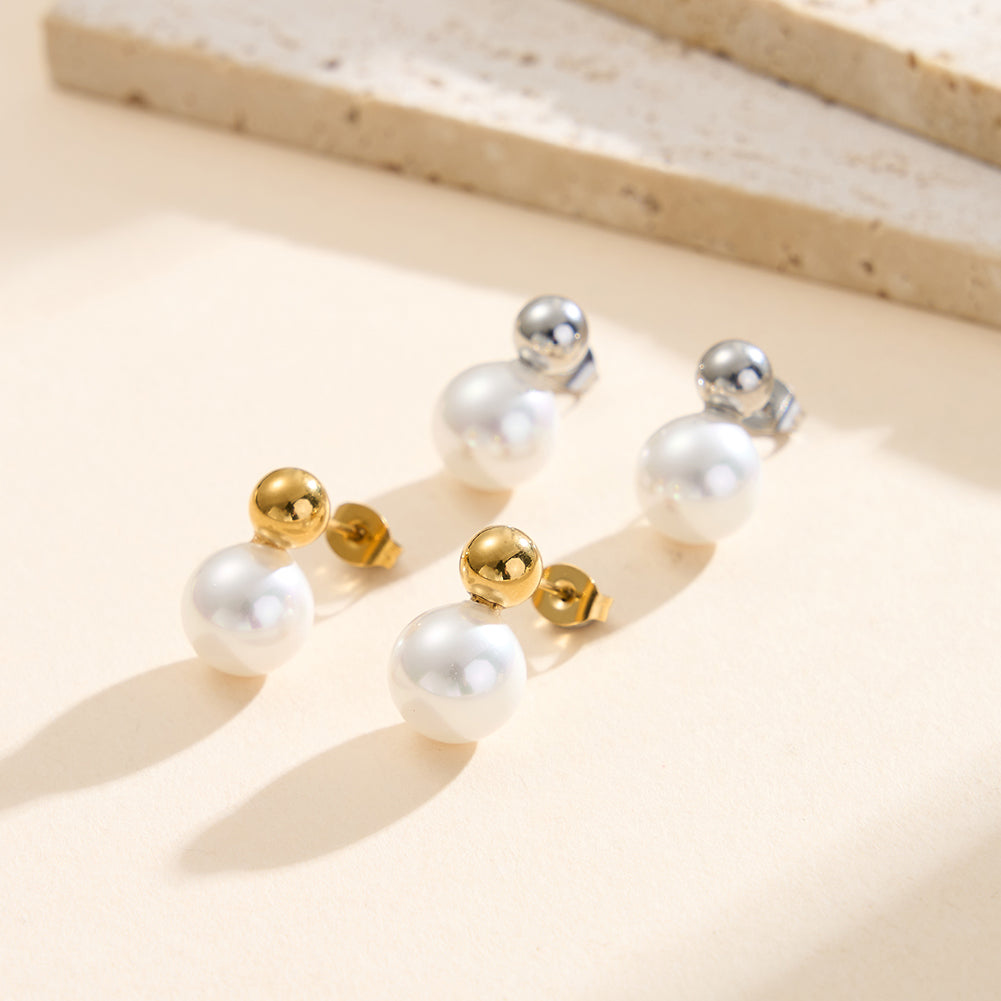 Minimalist Dual-Sphere Gold Ball & Shell Pearl Stud Earrings