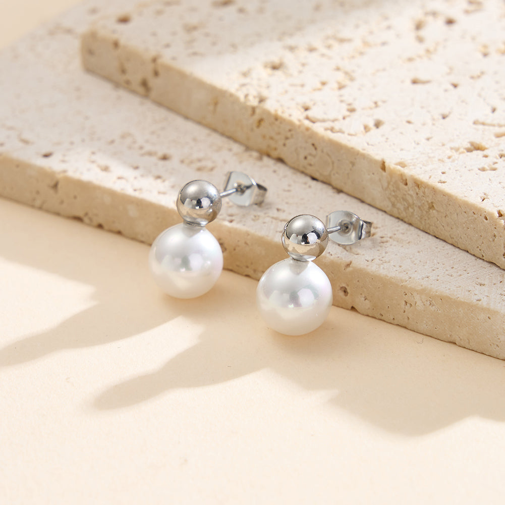 Minimalist Dual-Sphere Gold Ball & Shell Pearl Stud Earrings