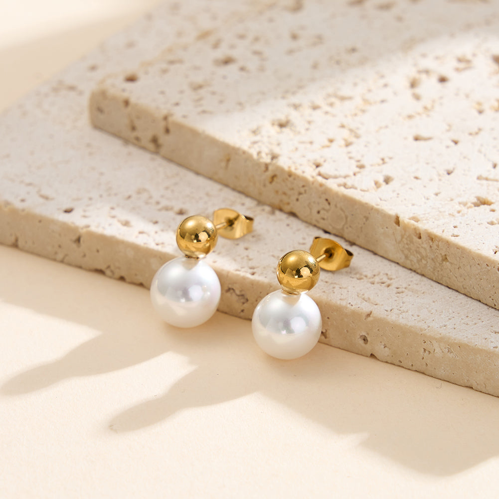 Minimalist Dual-Sphere Gold Ball & Shell Pearl Stud Earrings