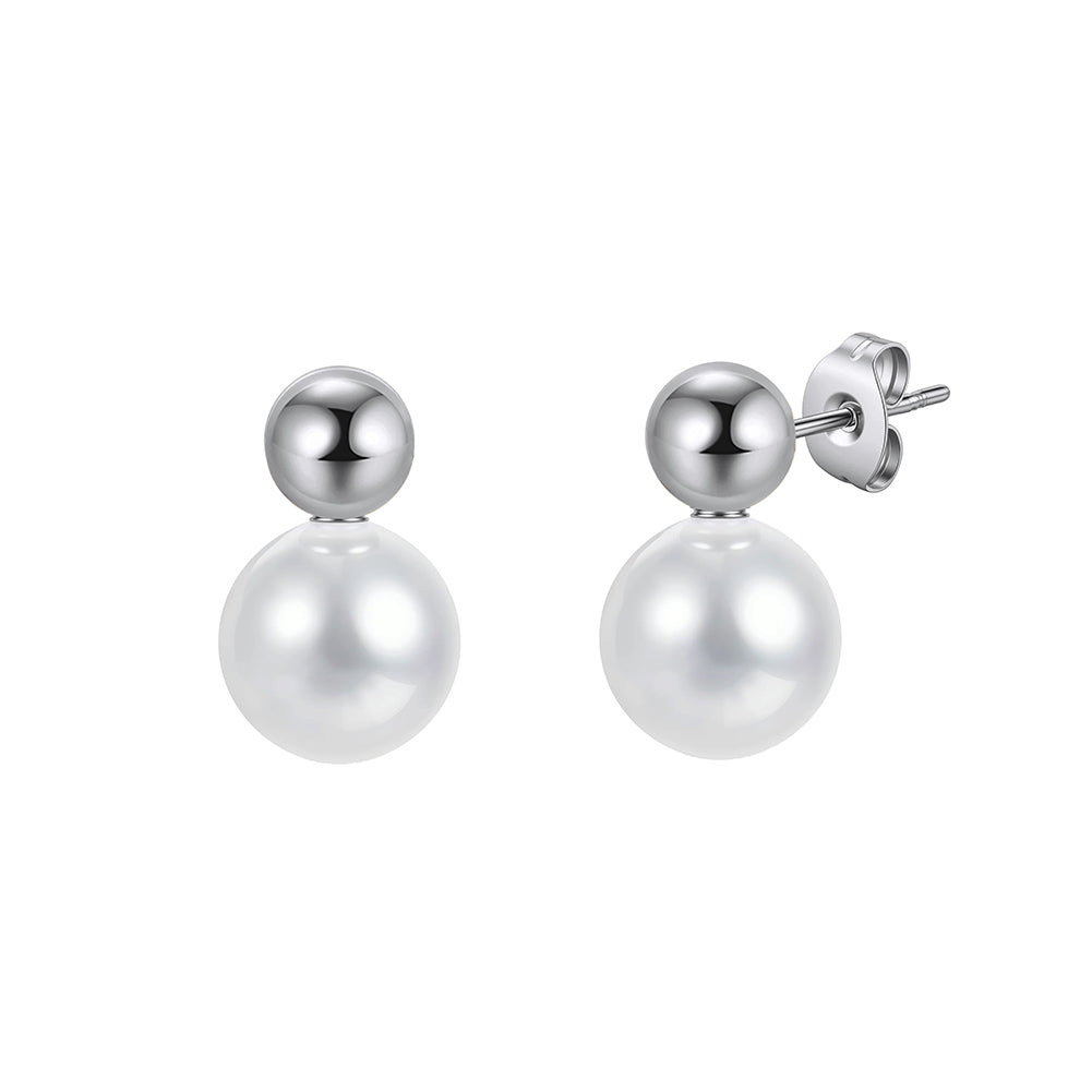 Minimalist Dual-Sphere Gold Ball & Shell Pearl Stud Earrings